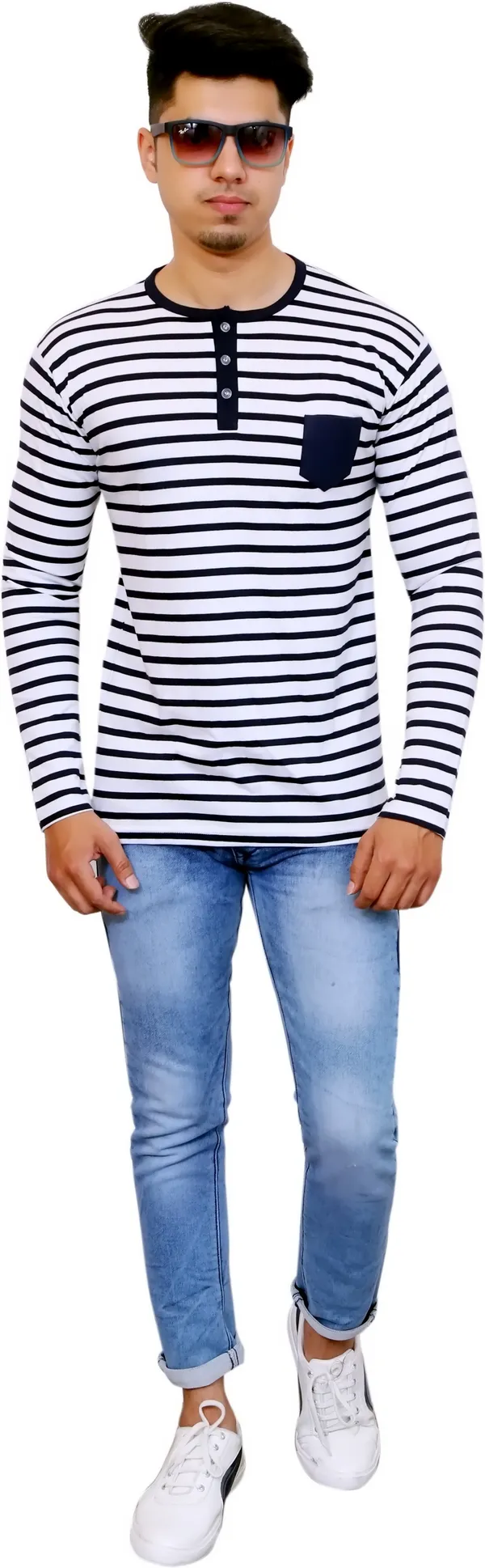 White_&_Blue_Cotton_Blend_Striped_T-Shirt_For_Men