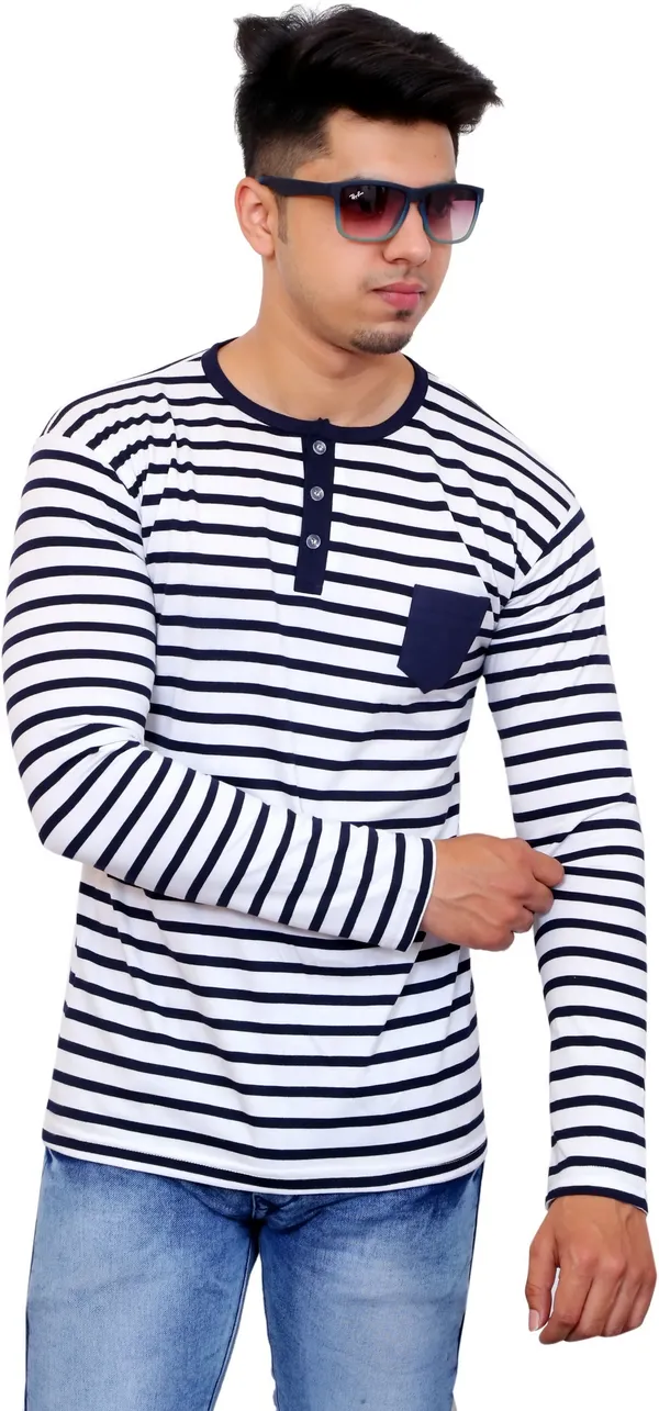 White_&_Blue_Cotton_Blend_Striped_T-Shirt_For_Men