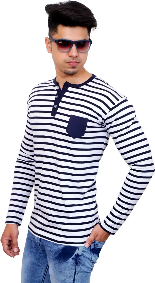 White_&_Blue_Cotton_Blend_Striped_T-Shirt_For_Men
