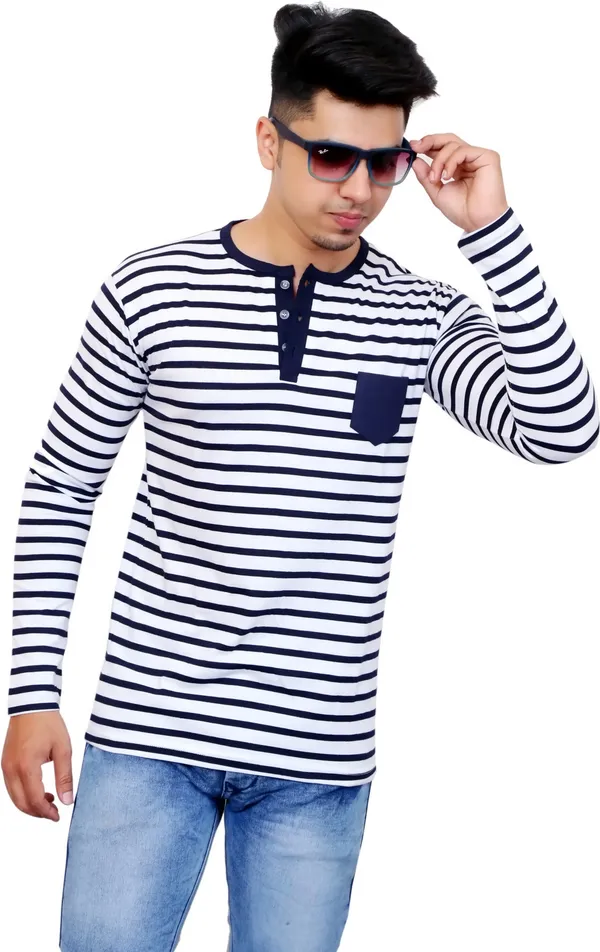 White_&_Blue_Cotton_Blend_Striped_T-Shirt_For_Men