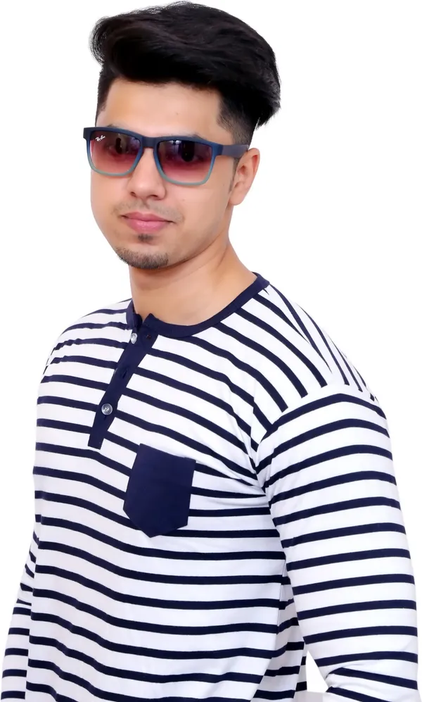 White_&_Blue_Cotton_Blend_Striped_T-Shirt_For_Men