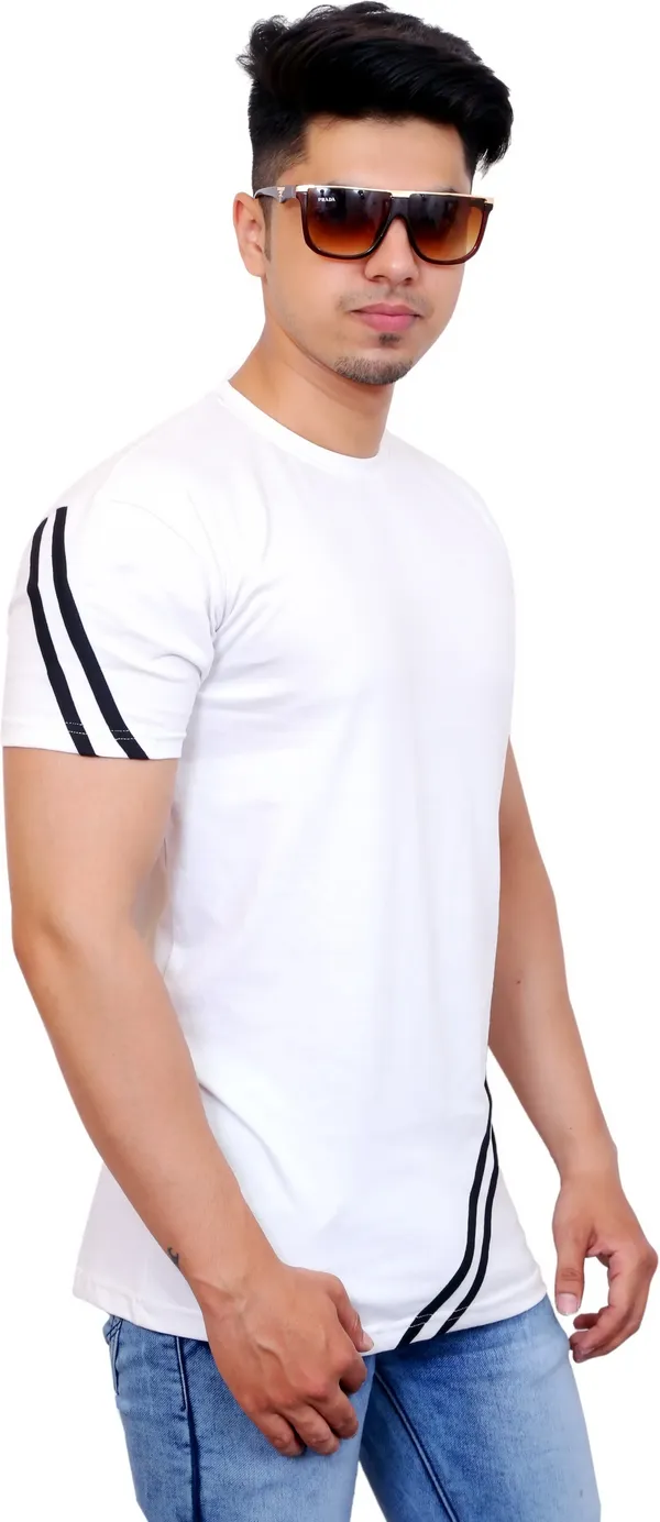 White_Cotton_Blend_Striped_T-Shirt_For_Men