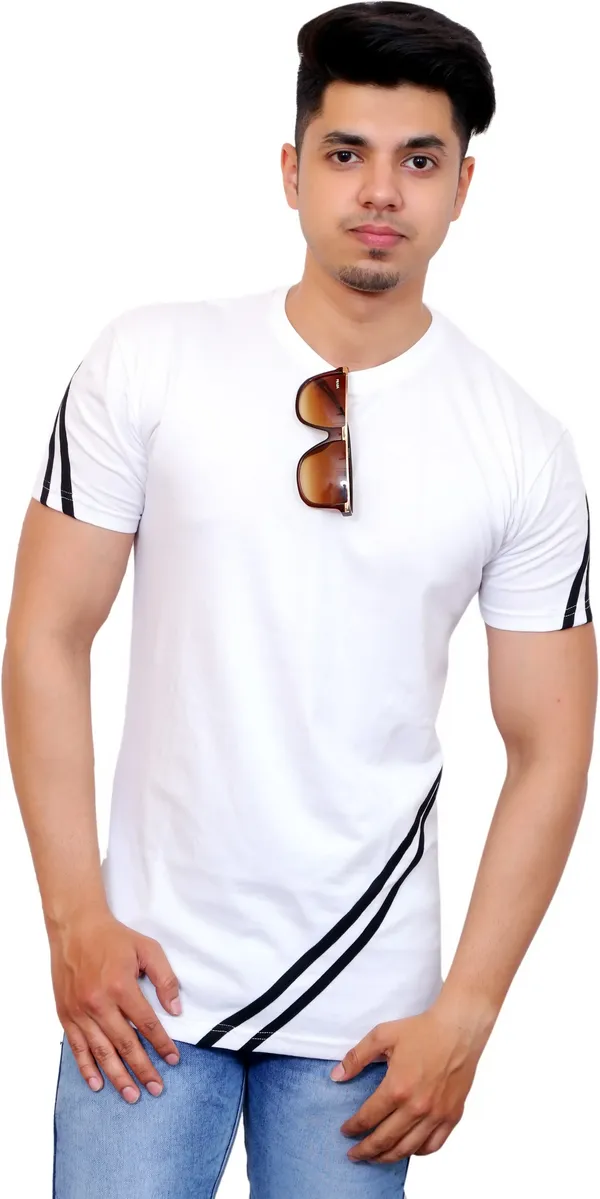 White_Cotton_Blend_Striped_T-Shirt_For_Men
