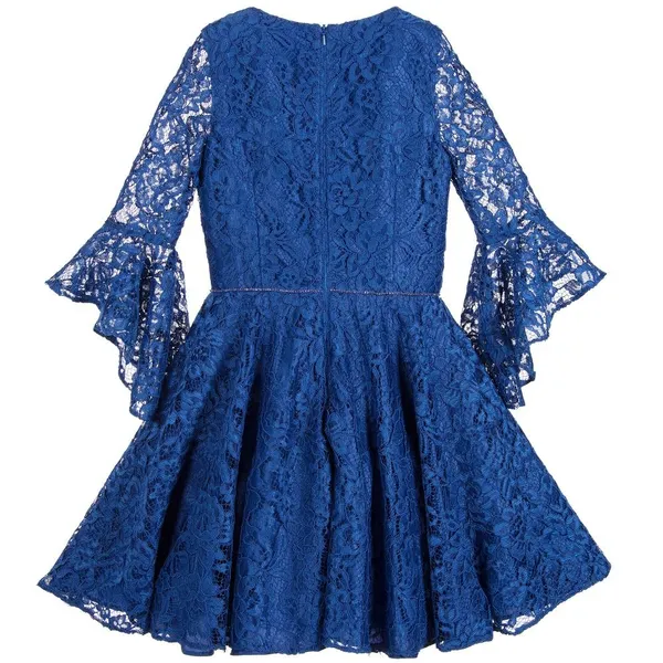 Royal_Blue_Nylon_Blend_Lace_Work_Round_Neck_Dress_For_Girls