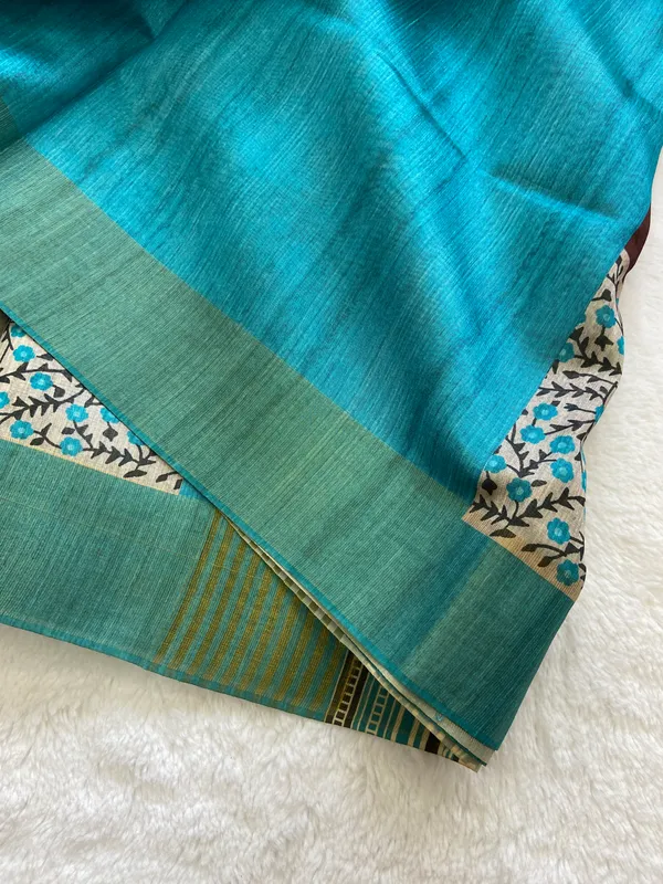 Jivika_Sky_Blue_&_Coffee_Brown_–_Festive_Season_Special_|_Soft_Tussar_Silk_Saree_with_Print,_Border_&_Contrast_Print_Blouse_with_Tassels