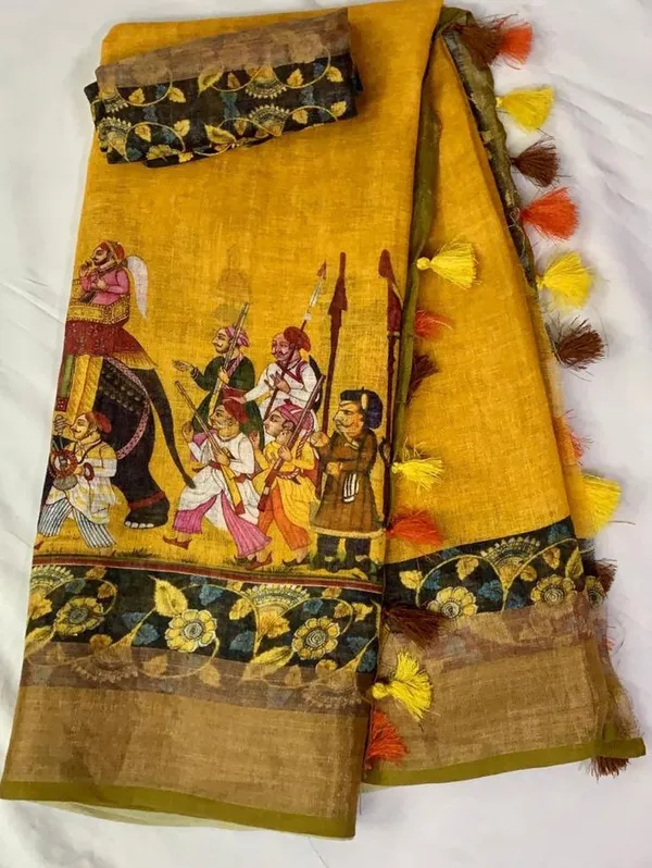 Yellow_Linen_Saree_with_Kalamkari_Print_and_Unstitched_Blouse_Piece