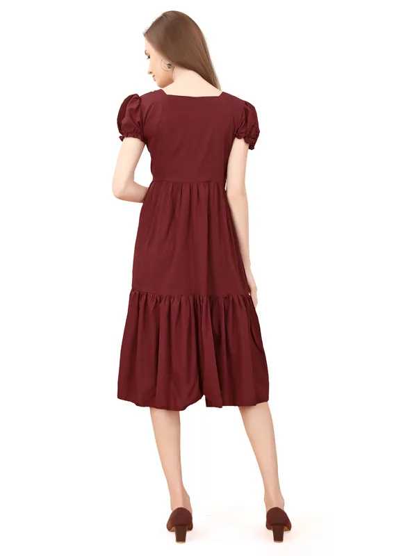 Maroon_Square_Neck_Short_Sleeve_Dress_For_Women