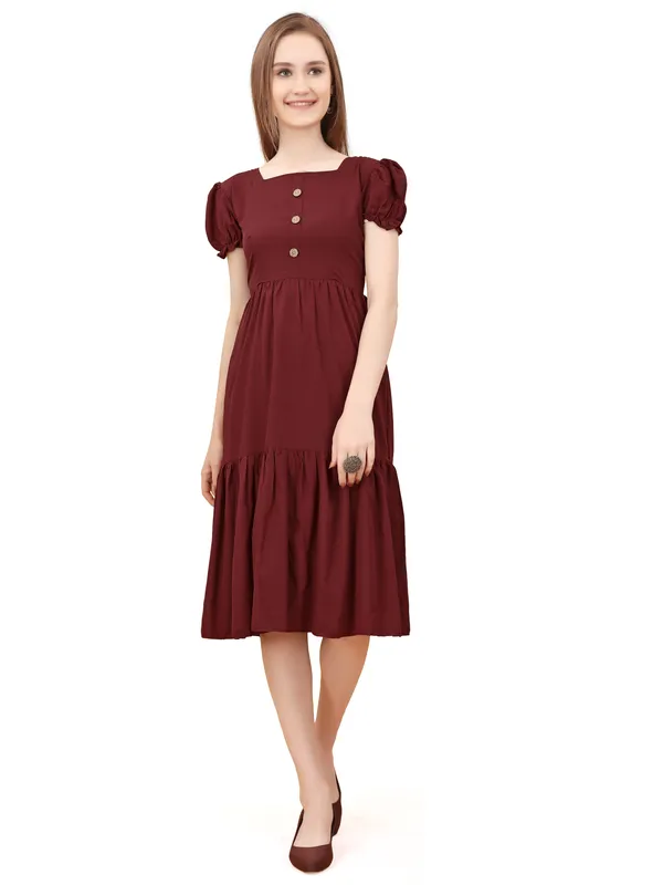 Maroon_Square_Neck_Short_Sleeve_Dress_For_Women