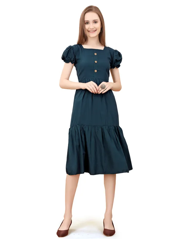 Teal_Square_Neck_Short_Sleeve_Dress_For_Women