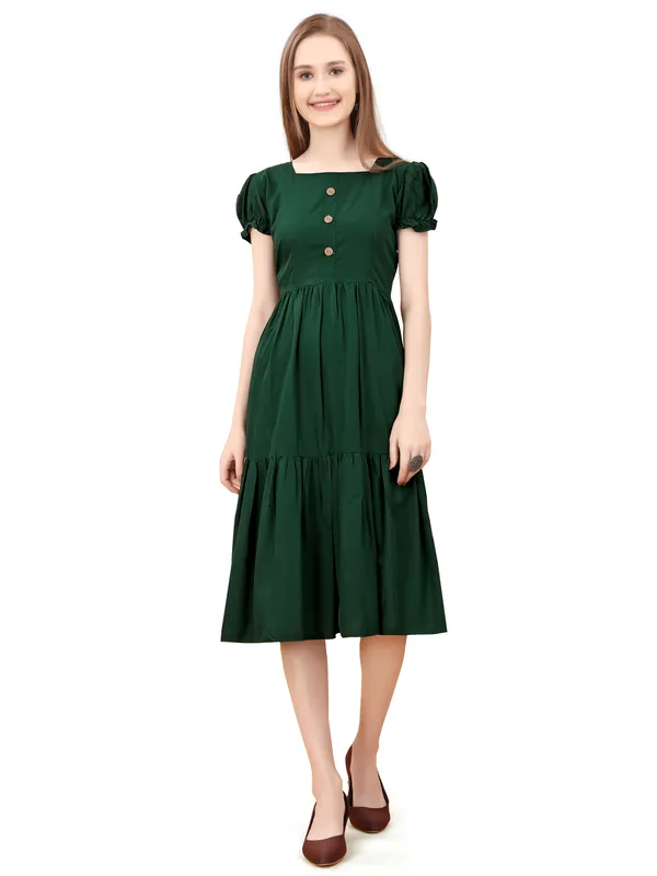 Dark_Green_Square_Neck_Short_Sleeve_Dress_For_Women