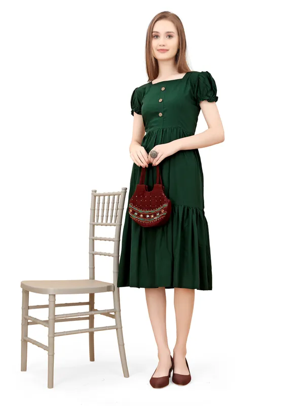 Dark_Green_Square_Neck_Short_Sleeve_Dress_For_Women