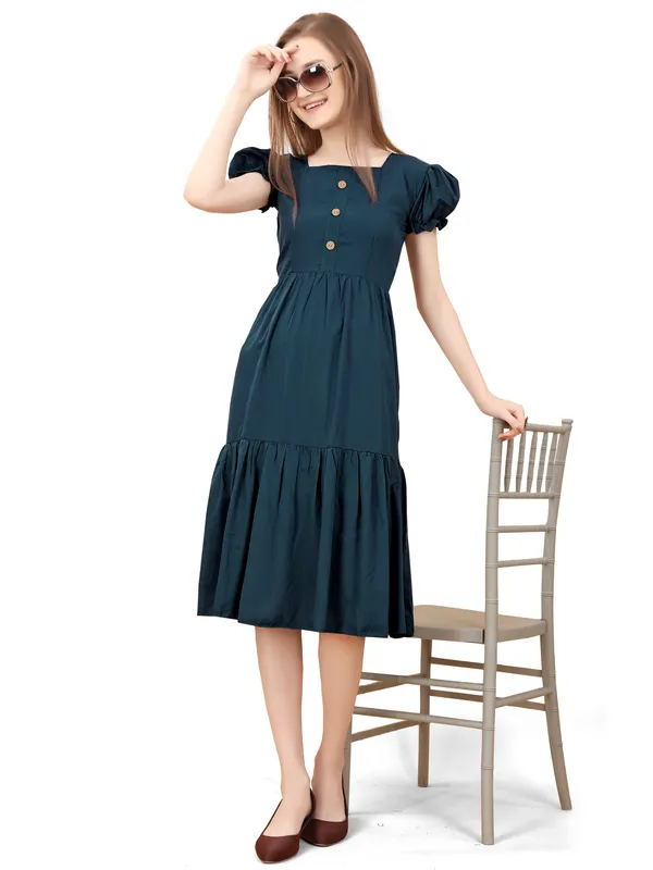 Teal_Square_Neck_Short_Sleeve_Dress_For_Women