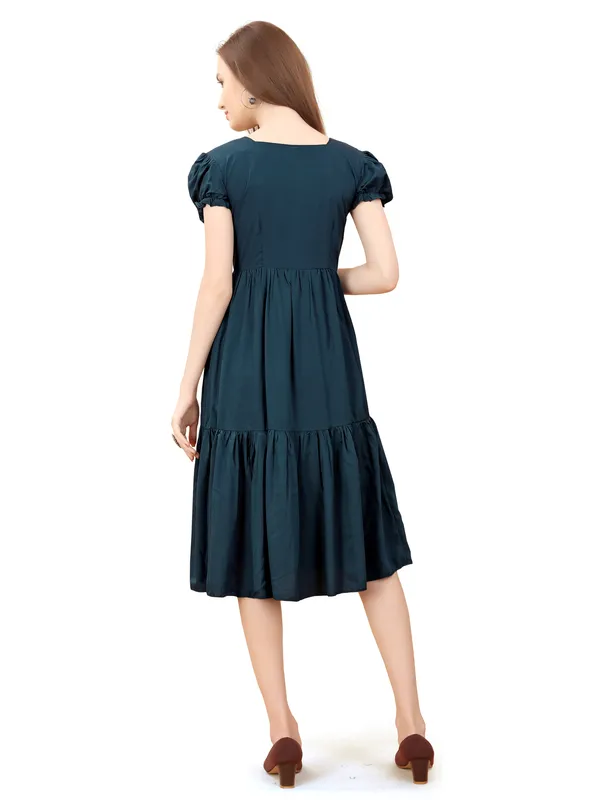 Teal_Square_Neck_Short_Sleeve_Dress_For_Women