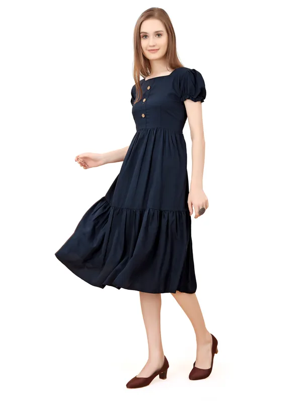 Dark_Blue_Square_Neck_Short_Sleeve_Dress_For_Women