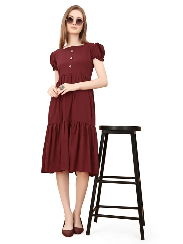 Maroon_Square_Neck_Short_Sleeve_Dress_For_Women