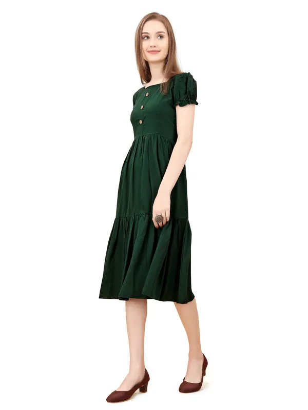 Dark_Green_Square_Neck_Short_Sleeve_Dress_For_Women
