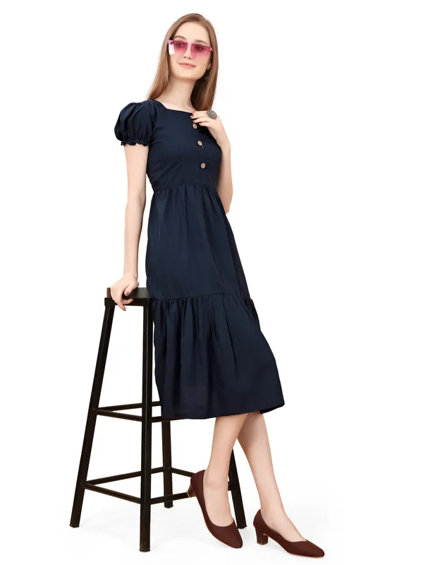 Dark_Blue_Square_Neck_Short_Sleeve_Dress_For_Women