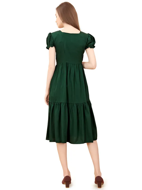 Dark_Green_Square_Neck_Short_Sleeve_Dress_For_Women
