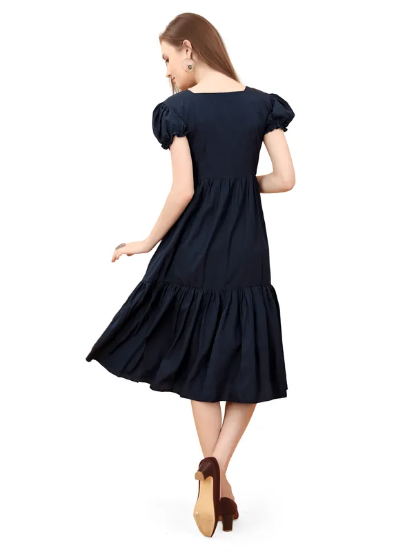 Dark_Blue_Square_Neck_Short_Sleeve_Dress_For_Women