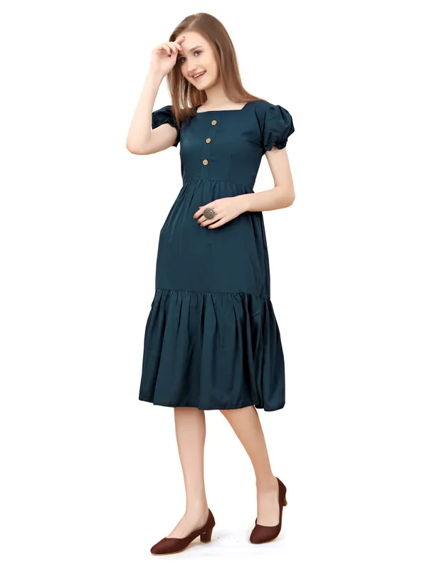 Teal_Square_Neck_Short_Sleeve_Dress_For_Women