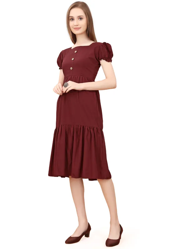 Maroon_Square_Neck_Short_Sleeve_Dress_For_Women