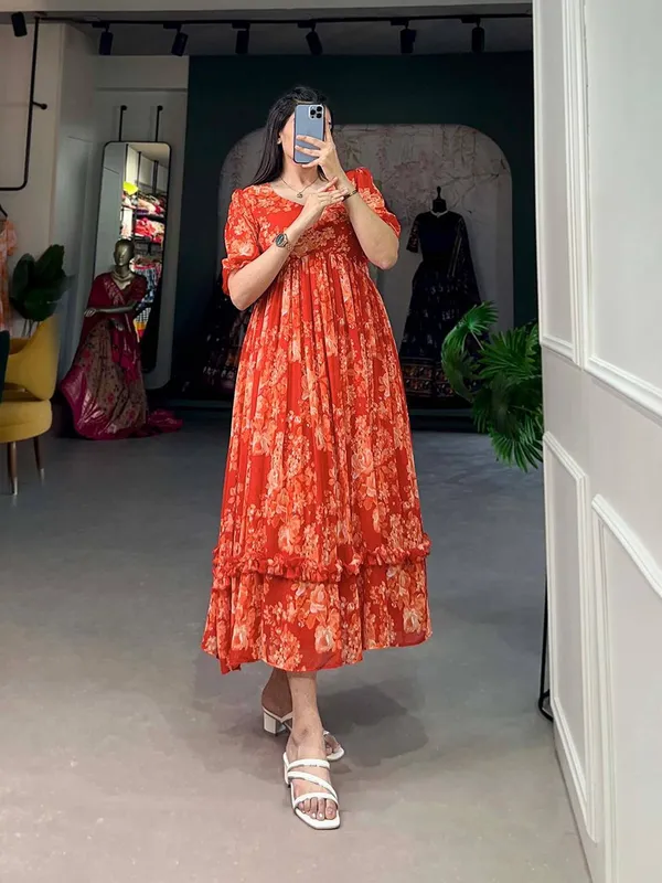 Anvit Fashion Orange Floral Print Georgette Maxi Dress For Women Price in India Buy Anvit Fashion Orange Floral Print Georgette Maxi Dress For Women online at undefined