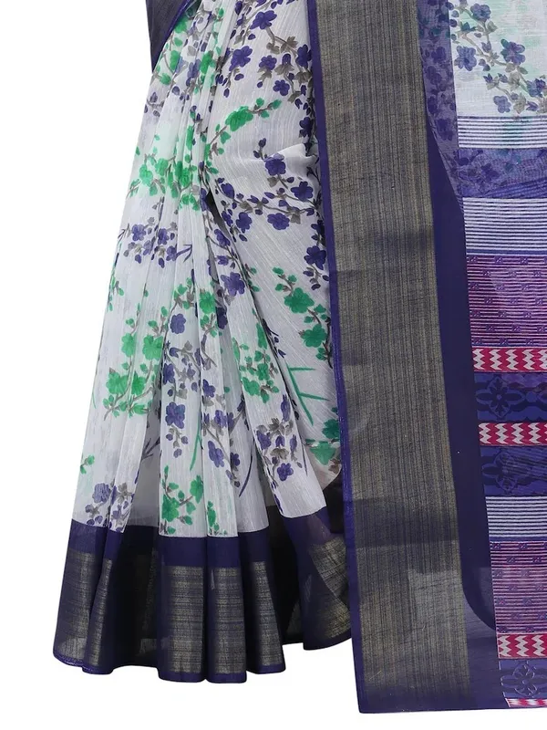 Blue_Flower_Printed_Cotton_Silk_Zari_Border_Saree_With_Blouse_Piece