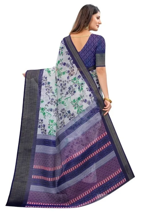 Blue_Flower_Printed_Cotton_Silk_Zari_Border_Saree_With_Blouse_Piece