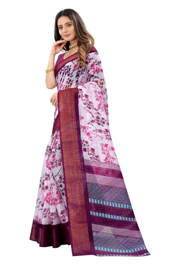 Purple_Flower_Printed_Cotton_Silk_Zari_Border_Saree_With_Blouse_Piece