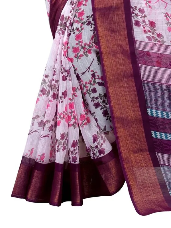 Purple_Flower_Printed_Cotton_Silk_Zari_Border_Saree_With_Blouse_Piece