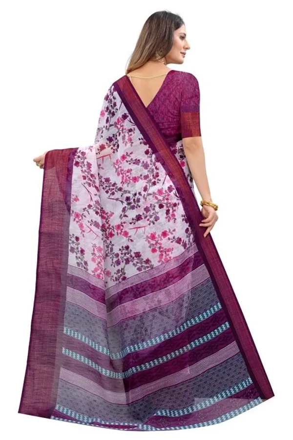 Purple_Flower_Printed_Cotton_Silk_Zari_Border_Saree_With_Blouse_Piece