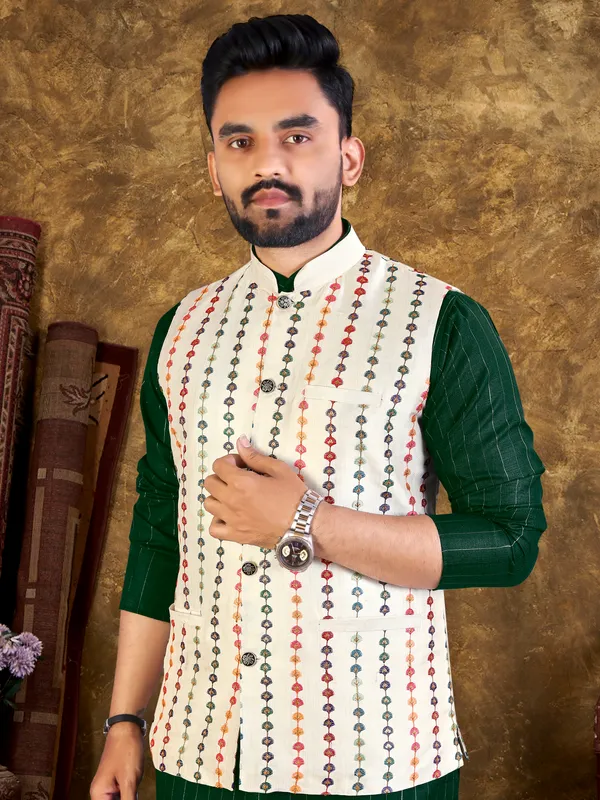 Foxy_Dark_Green_Cotton_With_Embroidery_Work_Kurta_Sets__With_Modi/Nehru_Jacket