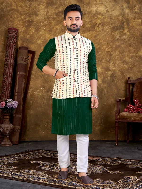 Foxy_Dark_Green_Cotton_With_Embroidery_Work_Kurta_Sets__With_Modi/Nehru_Jacket