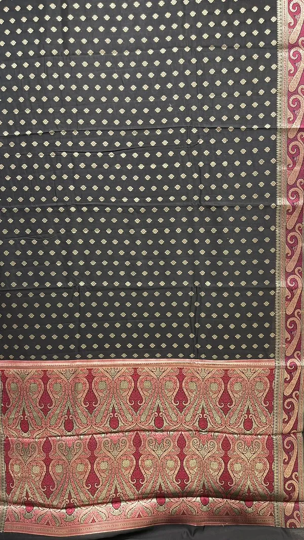 Humairah_Pure_Handwoven_Black_Chiniya_Silk_Gold_Zari_Booti_Paisley_Mina_Anchal_with_Paisley_Mina_Zari_Border_Banarasi_Saree_with_Black_Blouse_piece