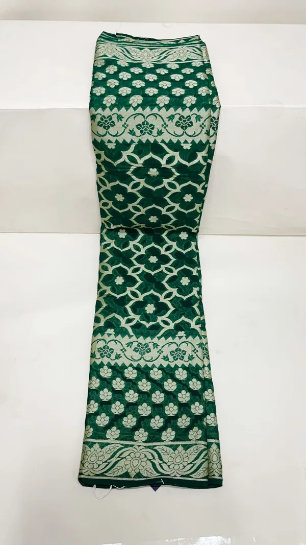 Humairah_Presents_Pure_Handloom_Dark_Green_Chiffon_Koniya_Zari_Geometrical_Jaal_with_Skirt_Zari_Border_with_Dark_Green_Blouse