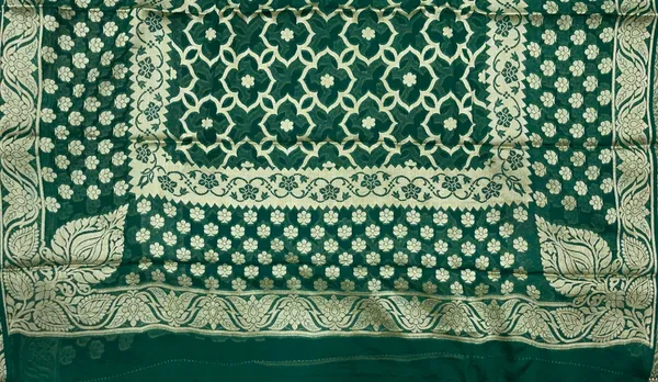 Humairah_Presents_Pure_Handloom_Dark_Green_Chiffon_Koniya_Zari_Geometrical_Jaal_with_Skirt_Zari_Border_with_Dark_Green_Blouse