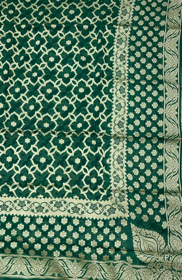 Humairah_Presents_Pure_Handloom_Dark_Green_Chiffon_Koniya_Zari_Geometrical_Jaal_with_Skirt_Zari_Border_with_Dark_Green_Blouse