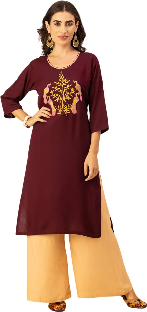 WINE_Rayon_Women_Kurta,_Exquisite_Embroidery_with_Crystal_&_Pearl_Hand_Work
