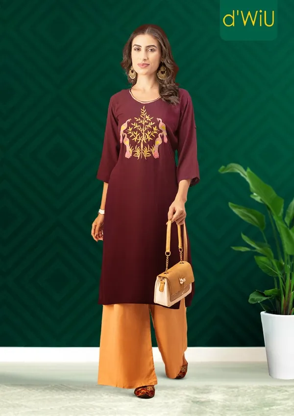 WINE_Rayon_Women_Kurta,_Exquisite_Embroidery_with_Crystal_&_Pearl_Hand_Work