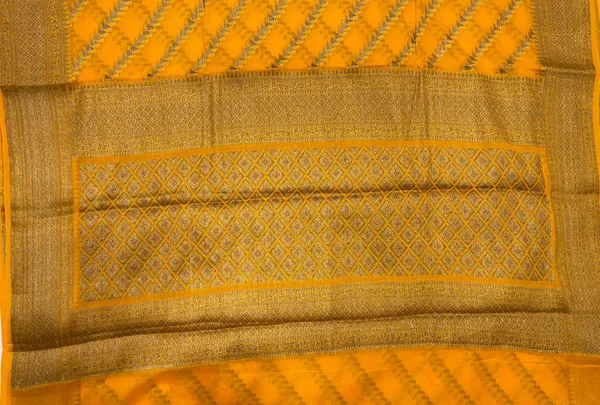 Humairah_Presents_Pure_Handwoven_Gold_Chiffon_Diagonal_Stripe_Copper_Zari_with_Banarasi_Zari_Border_Pallu_and_Gold_Blouse