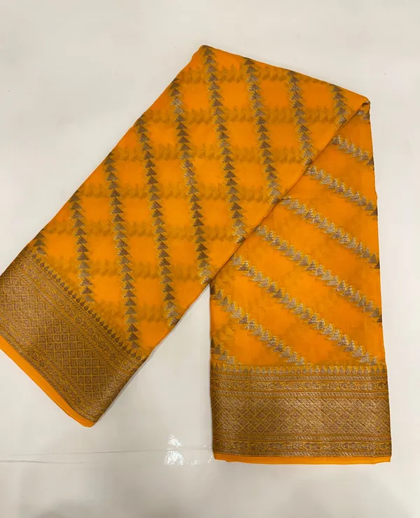 Humairah_Presents_Pure_Handwoven_Gold_Chiffon_Diagonal_Stripe_Copper_Zari_with_Banarasi_Zari_Border_Pallu_and_Gold_Blouse