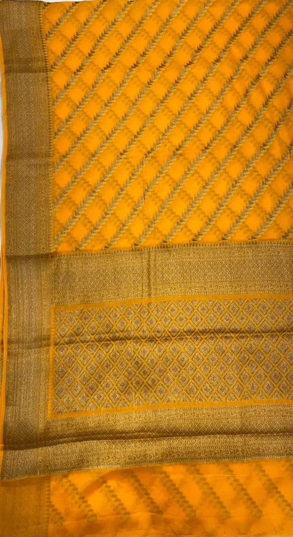 Humairah_Presents_Pure_Handwoven_Gold_Chiffon_Diagonal_Stripe_Copper_Zari_with_Banarasi_Zari_Border_Pallu_and_Gold_Blouse