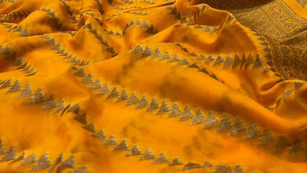 Humairah_Presents_Pure_Handwoven_Gold_Chiffon_Diagonal_Stripe_Copper_Zari_with_Banarasi_Zari_Border_Pallu_and_Gold_Blouse