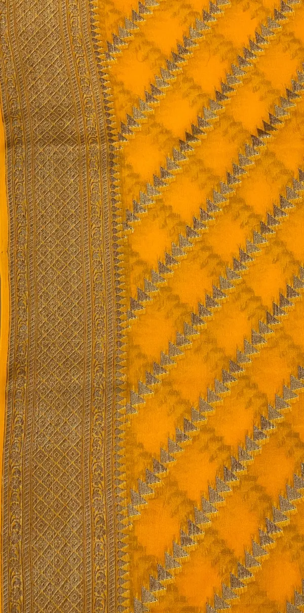 Humairah_Presents_Pure_Handwoven_Gold_Chiffon_Diagonal_Stripe_Copper_Zari_with_Banarasi_Zari_Border_Pallu_and_Gold_Blouse
