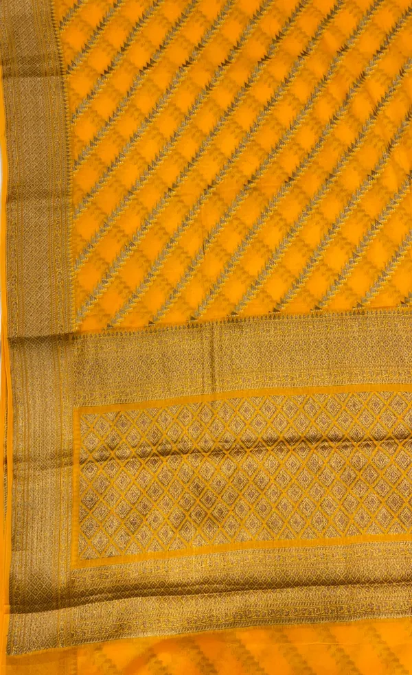 Humairah_Presents_Pure_Handwoven_Gold_Chiffon_Diagonal_Stripe_Copper_Zari_with_Banarasi_Zari_Border_Pallu_and_Gold_Blouse