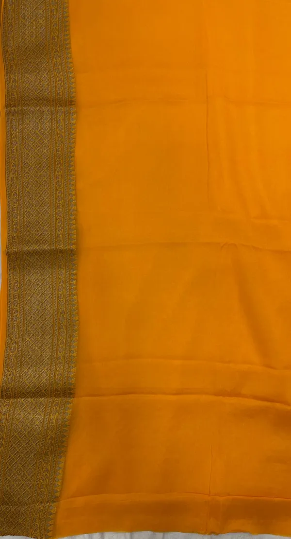 Humairah_Presents_Pure_Handwoven_Gold_Chiffon_Diagonal_Stripe_Copper_Zari_with_Banarasi_Zari_Border_Pallu_and_Gold_Blouse