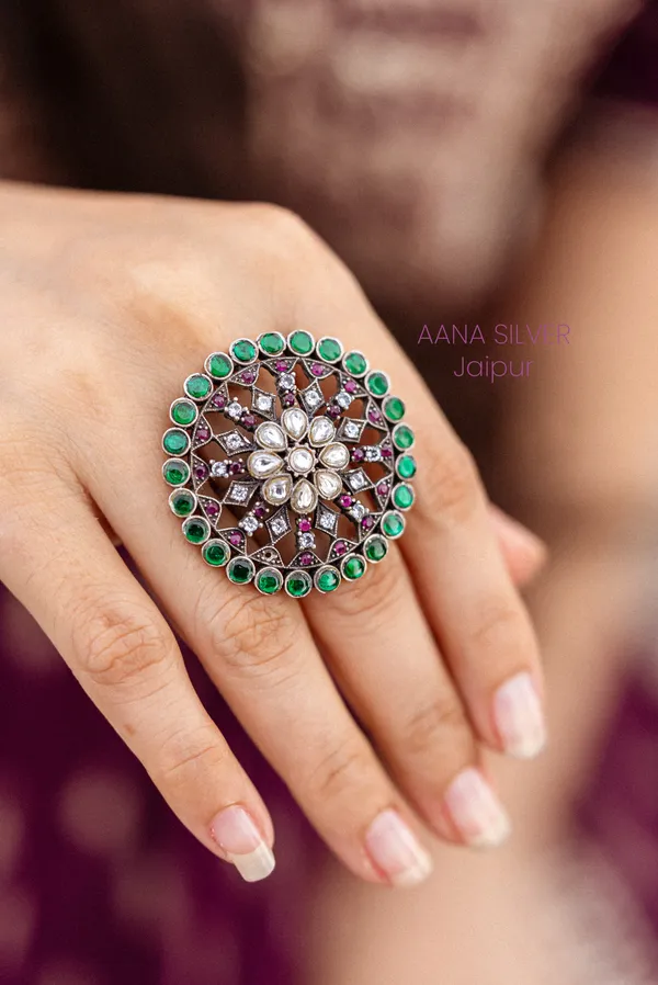 925_Pure_Sterling_Silver_|_Statement_Kundan_Jadau_Ring_|_Well_Stamped_&_Hallmarked