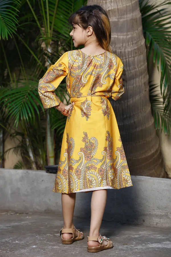 Yellow_Round_neck__Long_Sleeve_Crepe_Blend_Kids_Dress