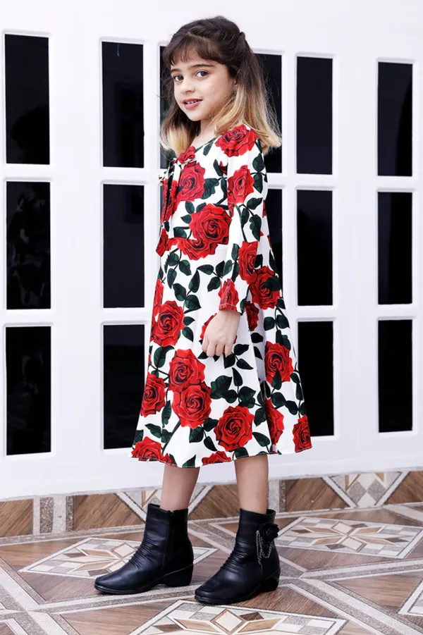 White_Tie_Up_Neck_Long_Sleeve_Crepe_Blend_Kids_Dress