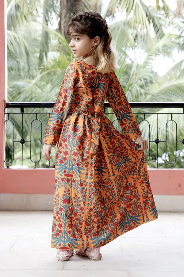 Orange_Round_neck__Long_Sleeve_Crepe_Blend_Kids_Dress